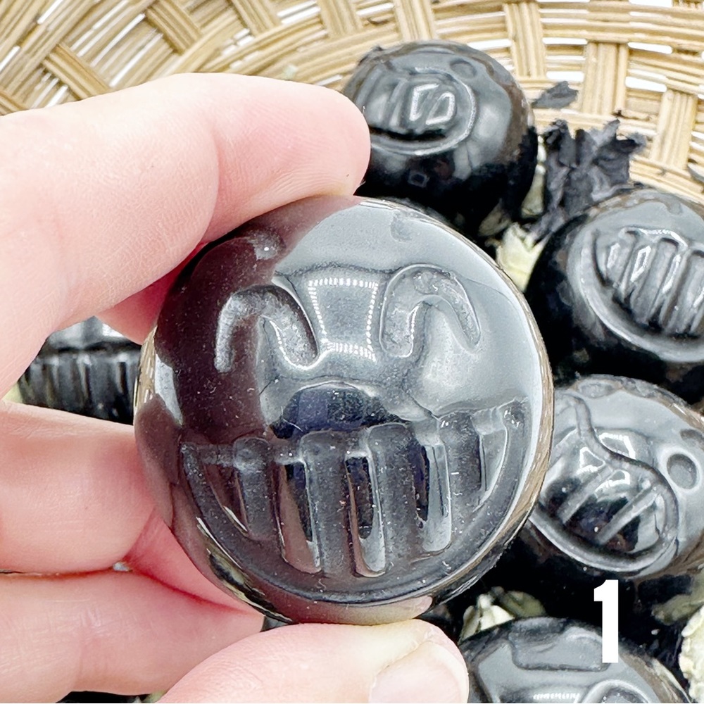 Black Obsidian Sphere Carved Face Psychic Protection Stone (man made) - Picture 4 of 9